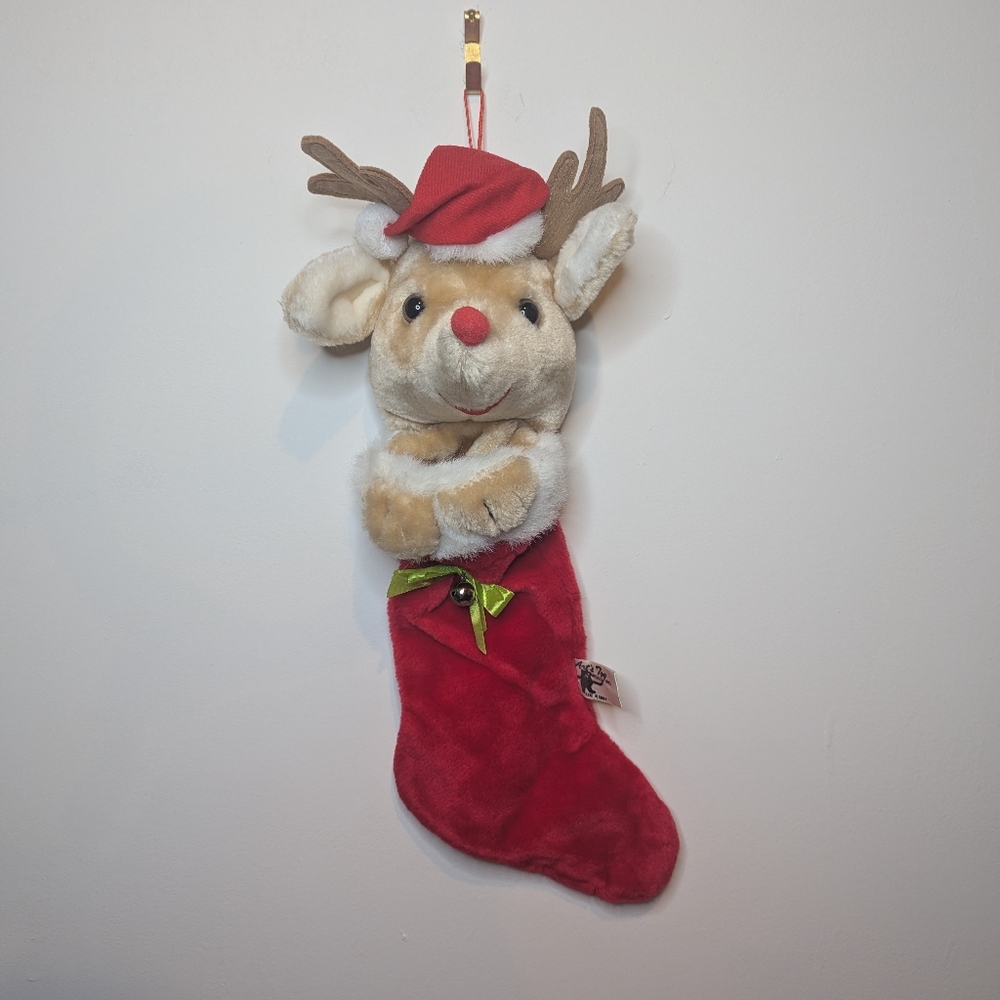 VINTAGE Arts Toy Reindeer Christmas Stockings Plush White Red Santa Hat